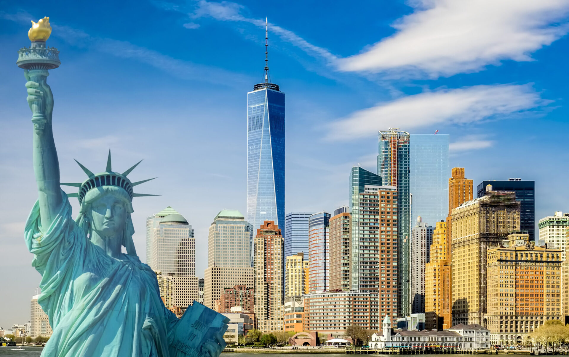 new york cityscape, tourism concept photograph statue of liberty, lower manhattan skyline